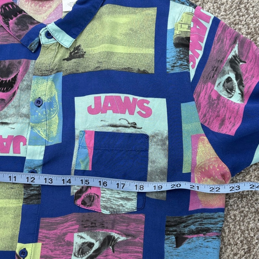 Jaws Movie Shark Print Button Front Camp Shirt Blue Pink Mens LG Novelty Retro - Picture 8 of 9